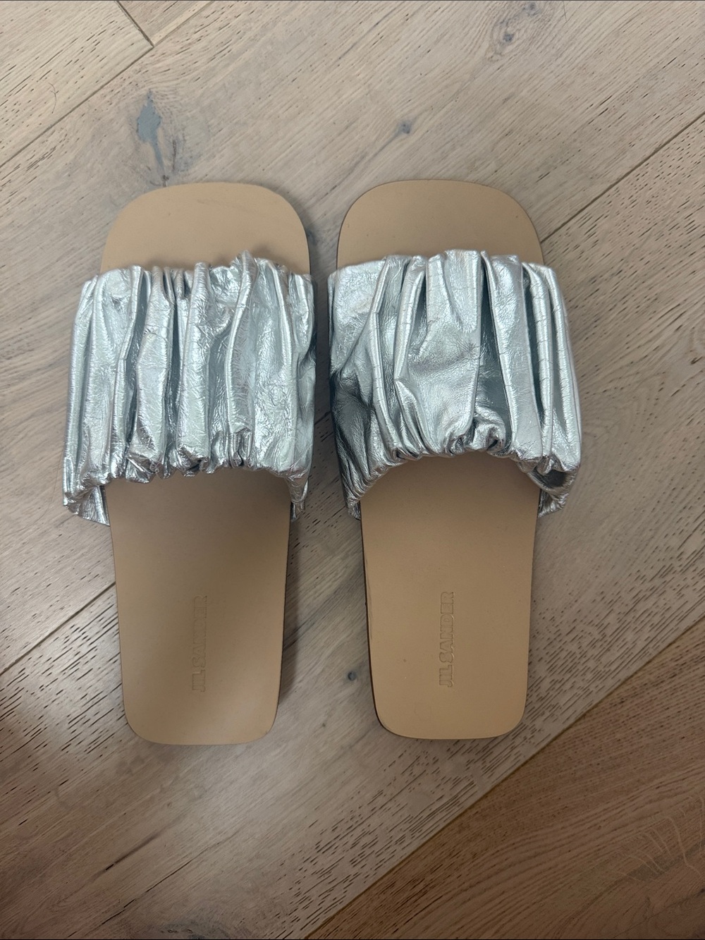 Jil Sander Silver Ruched Slide Sandals